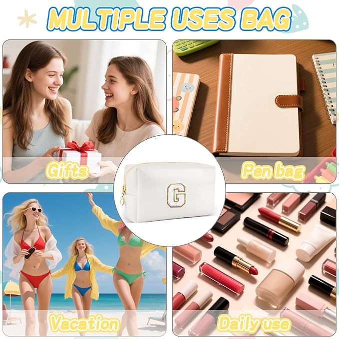 Gifts for Girls Initial Makeup Bag Personalized Cosmetic Bag with Zipper Cute Travel Toiletry Bags Waterproof PU Preppy Makeup Pouch Birthday Gift for Teen Girls Women(White G)