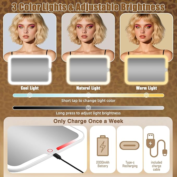 15''X11'' Large Makeup Bag with Removable Lighted Mirror, Professional Travel Make up Bag with Mirror and Light Cosmetic Train Case Organizer, PU Leather with Adjustable Dividers & Brush Storage Board