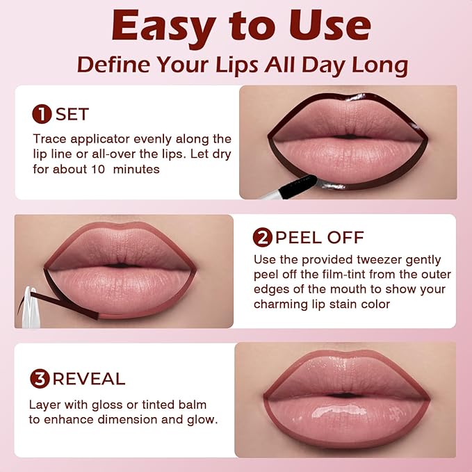 Lip Liner Stain Peel Off with Tweezer, Long Lasting Matte Lip Tattoo, Highly Pigmented Color Lip Makeup, Waterproof, Transfer-proof Lipstain for Women, for All Skin Types Cool Rose