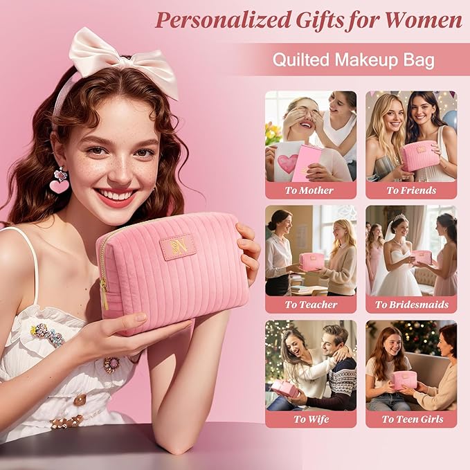 Monogrammed Make Up Bags for Women,Personalized Cosmetic Bags Women,Small Quilted Makeup Pouch,Cute Makeup Bag Travel,Birthday Gifts for Teen Girl (Pink N)