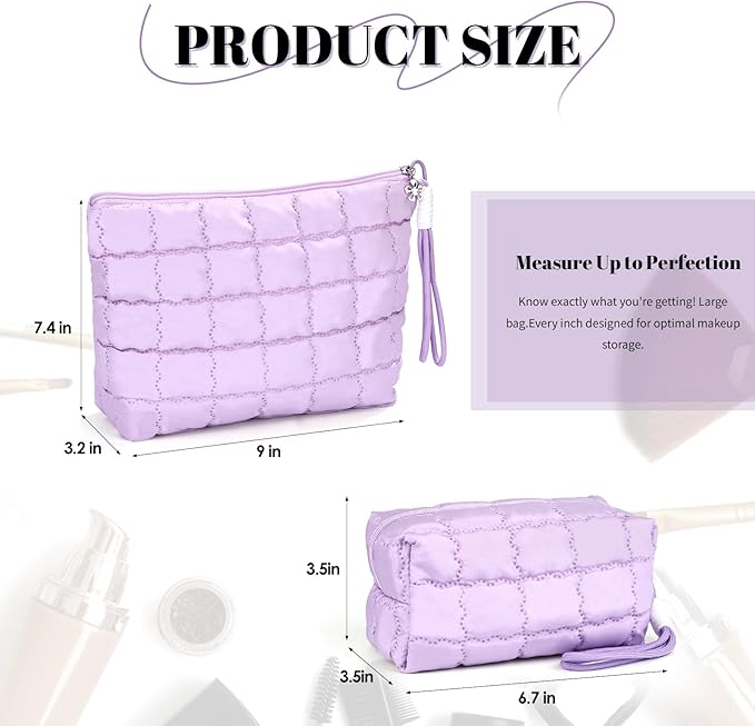 Richeart Makeup Bag Travel Toiletry Bag - Checkered Down Cotton Makeup Pouch for Women with Cosmetic and Pencil, Aesthetic Purple Design, Large