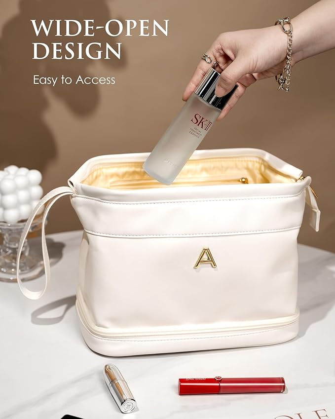 Birthday Gifts for Her, Initial Large Makeup Bag, Gift for Women Double Layer Cosmetic Bag with Makeup Brush Organizer, Toiletry Bag for Woman, Custom Tote Bag-Bachelorette Present