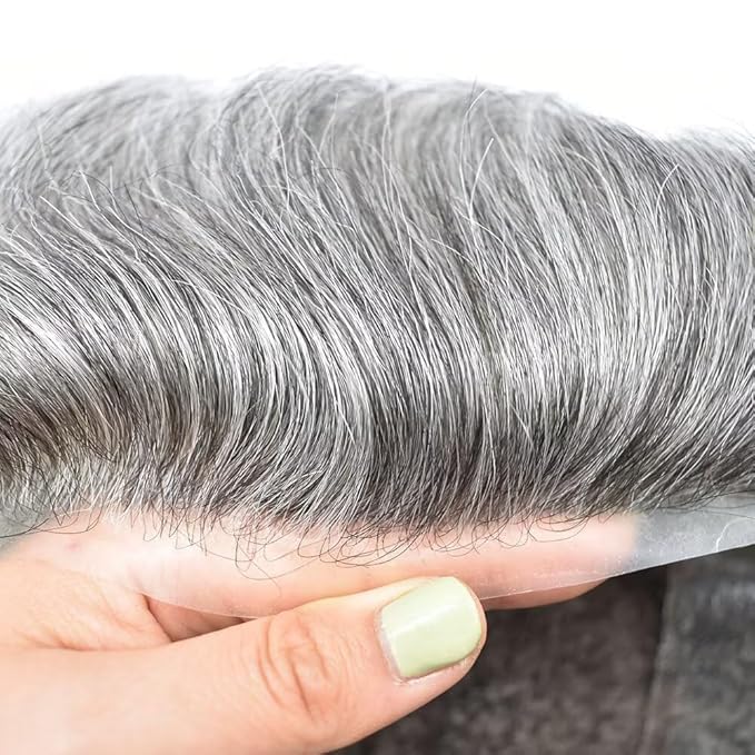 FACE MIRACLE Hair System for Men French Lace Mens Toupee Human Hair Replacement System Lace with PU Toupee for Men Male Hair Piece Wigs 6"X8" #1B60 Off Black with 60% Gray