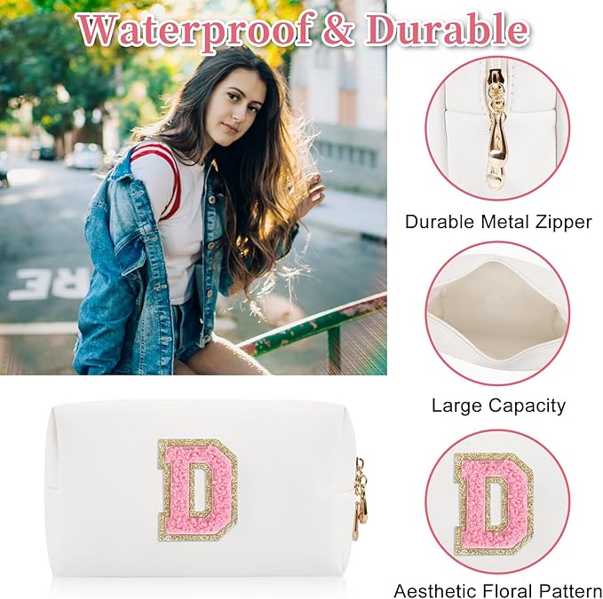 Personalized Initial Letter Patch Makeup Bag, Preppy Portable Chenille Cosmetic Bag with Zipper, PU Leather Waterproof Travel Toiletry Bag Monogram Make Up Pouch for Women Girls