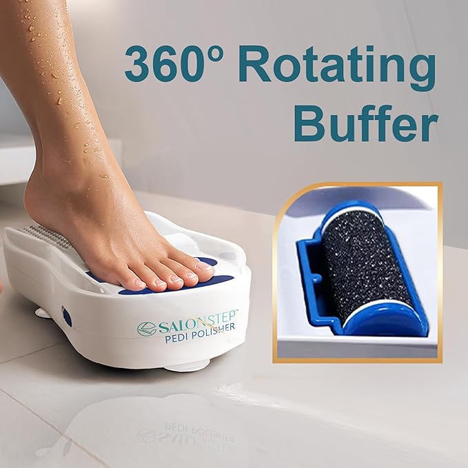 Pedi Polisher – Hands-Free Foot Exfoliator for Shower or Dry Use, Waterproof Smoother with 360 Spinning Buffer, Suction Base for Stability, at-Home Pedicure Tool