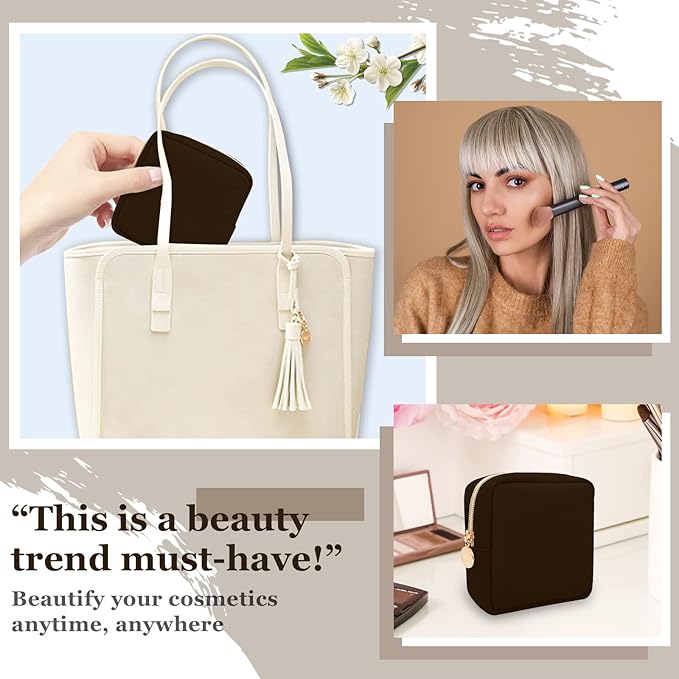 Nylon Mini Makeup Bag for Purse, Preppy Small Cute Makeup Bag Cosmetic Zipper Pouch Purse, Waterproof Travel Coin Pouch Sanitary Napkin Storage Bag Clutch Makeup Organizer Pouch for Women(Brown)