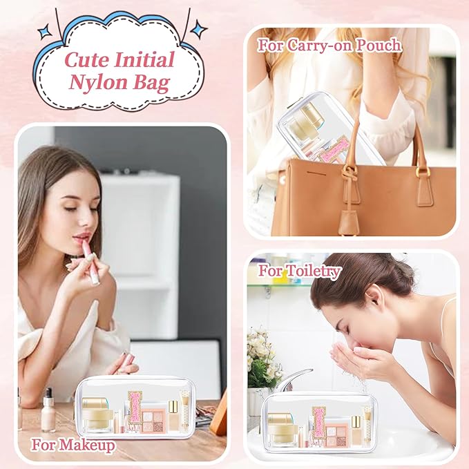 Small Clear Personalized Initial Makeup Bag,Nylon Preppy A-Z Chenille Letter Patch Cosmetic Pouch Beach Toiletry Bag,Waterproof Zipper Travel Purse Storage Bag Organizer for Women Girls(White-Pink I)