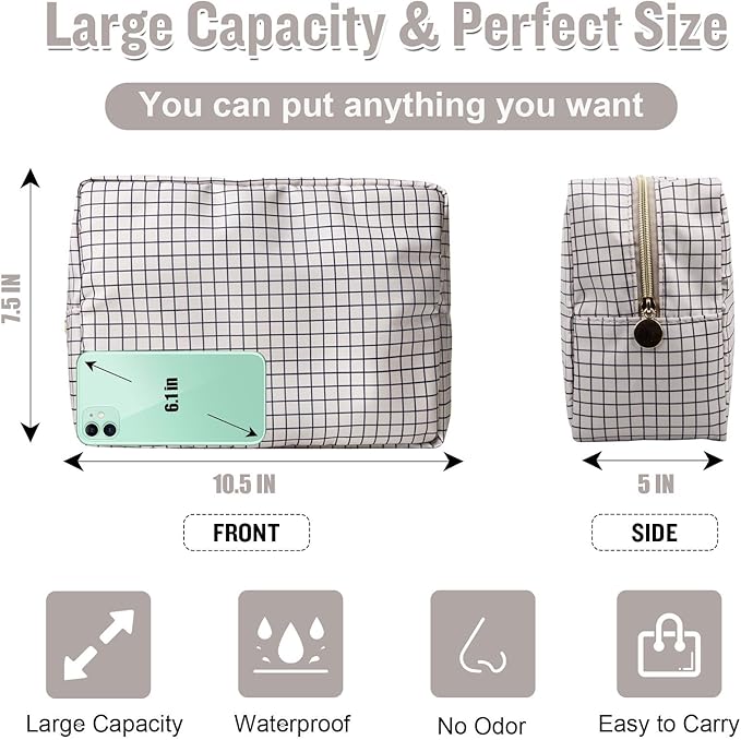 Nylon Large Checkered Makeup Bag Travel Pouch for Women, Big Preppy Makeup Bag Cute Cosmetic Zipper Pouch Purse,Waterproof Toiletry Bag Clutch Makeup Brush Organizer Pouch for Ladies Girls(Checkered)