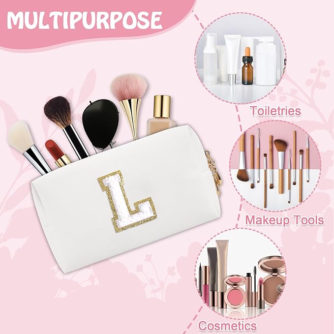 Personalized Initial Preppy Travel Makeup Bag Organizer, Small White Cute Cosmetic Bag Toiletry Zipper Pouch for Women, Portable Waterproof PU Makeup Case Birthday Gift for Female Women(Letter L)