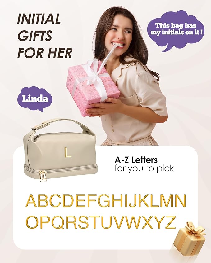Letter Makeup Bags, Personalized Bags with Handle, Waterproof Double Layer Cosmetic Bag, Large Capacity PU Leather Makeup Bags Letter Travel Toiletry Bag with Makeup Brush Organizer