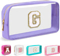 Small Clear Personalized Initial Makeup Bag,Nylon Preppy A-Z Chenille Letter Patch Cosmetic Pouch Beach Toiletry Bag,Waterproof Zip Travel Purse Storage Bag Organizer for Women Girls(Purple-White G)