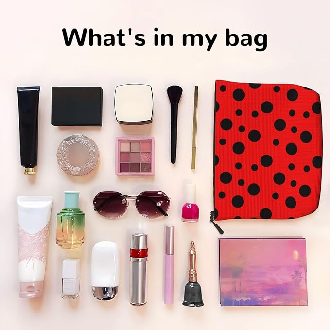 MOLAIGIN Red Black Polka Ladybugs Dot Cosmetic Bag For Women, Travel Makeup Bag, Toiletry Zipper Bag, Large Capacity Aesthetic Cases