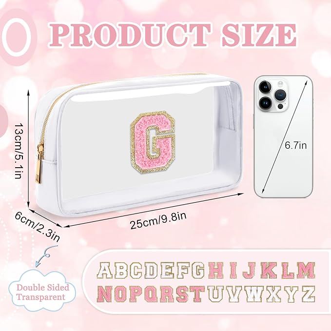 Small Clear Personalized Initial Makeup Bag,Nylon Preppy A-Z Chenille Letter Patch Cosmetic Pouch Beach Toiletry Bag,Waterproof Zipper Travel Purse Storage Bag Organizer for Women Girls(White-Pink G)