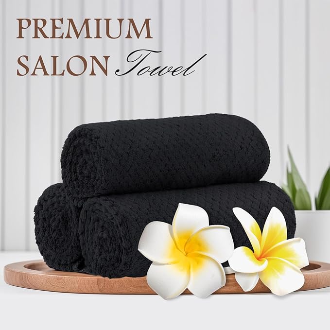 HOMEXCEL Soft Salon Towels 24 Pack, (16 x 27 Inches) Microfiber Highly Absorbent Barber Towel, Black Fast Dry Hand Towels for Salons, Gym, Spa, Pool, Massage Parlors and Personal Use