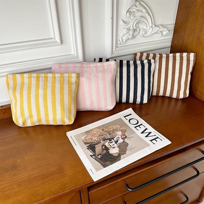 Makeup Bag Large Cotton Zipper Pouch for Purse Travel Canvas Make Up Organizer for Women Cosmetic,Stripe Pink