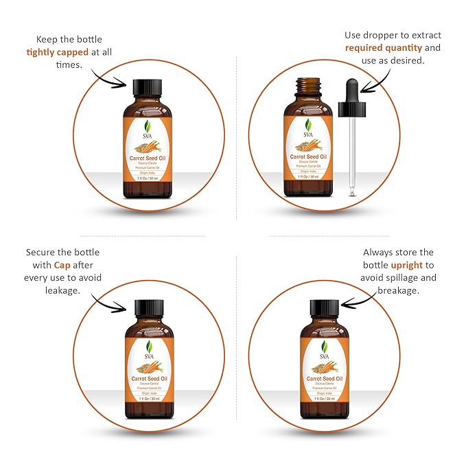SVA Carrot Seed Oil - 1 Fl Oz – 100% Natural Cold Pressed Carrot Oil - for Face, Skin Care, Hair Care, Scalp Massage & Body Massage – Carrier Oil with Dropper