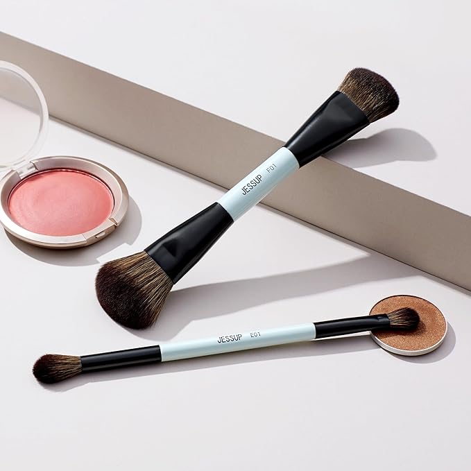 Jessup Makeup Brushes 2pcs Double Sided Foundation Brush Contour Brush Dual Ended Eye Blending Brush, Multi-functional Cosmetic Brush Bright Cyan T502