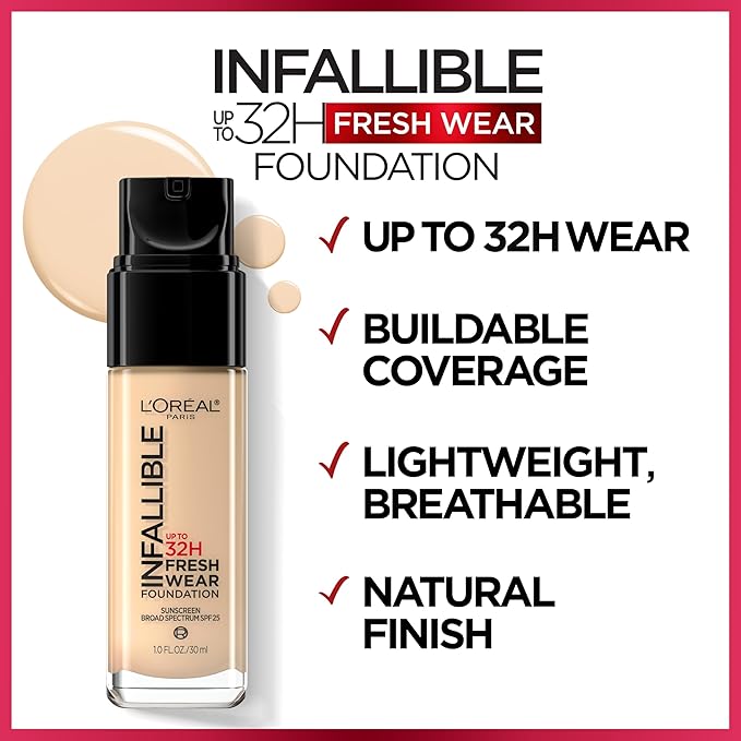 L'Oreal Paris Makeup Infallible Up to 32 Hour Fresh Wear Lightweight Foundation, 487 Warm Almond, 1 Fl Oz, Packaging May Vary