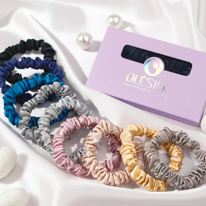 OLESILK Silk Hair Ties for Women: 100% Mulberry Skinny Silk Scrunchies, Soft Smooth No Damage No Crease for Thin Fine Curly Hair 5 Pack, Multi-5