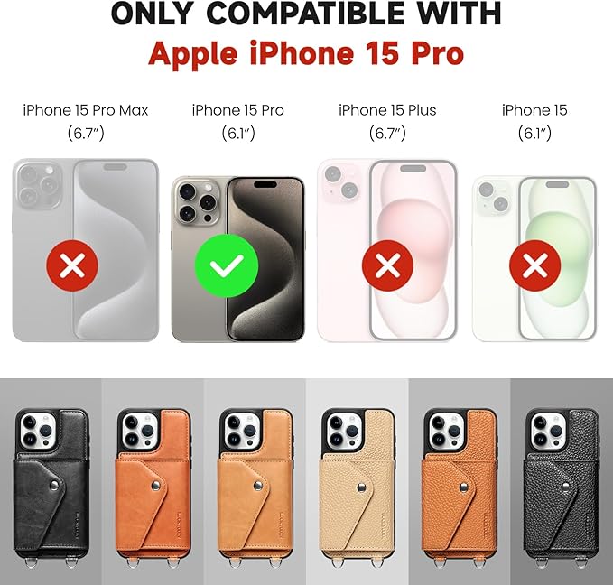 LUCKYCOIN Crossbody Wallet Phone Case for iPhone 15 Pro,100% Genuine Leather Wallet Phone Case with Expandable Flip Card Holder,Phone Purse for Women with Adjustable Removable Strap - Brown