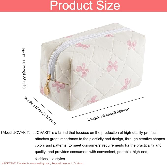 JOVAKIT Square Makeup Bag Cute Cosmetic Bag for Women, Floral Coquette Aesthetic Toiletry Bag, Zipper Make Up Pouch, Travel Make Up Organizer Bag (Pink Bow Tie)