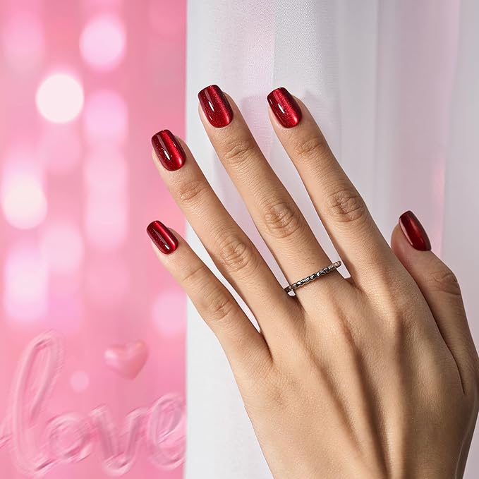 BTArtbox Press On Nails Red - Cat Eye Press On Nails Square for Gifts,Cherry Short Stick On Nails with Glue, Glossy Reusable Nail Tips in 15 Sizes - 30 Soft Gel Fake Nails Kit, Hot Love