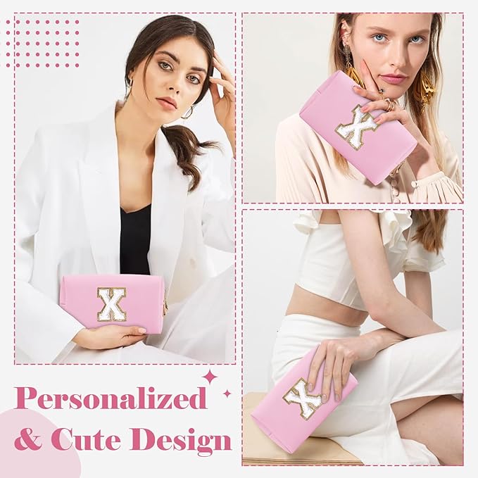 Personalized Initial A-Z Preppy Patch Makeup Bag,Small PU Chenille Letter Cosmetic Bag with Zipper for Teen Girls,Pink Cute Toiletry Organizer Bag,Monogram Makeup Case Gift for Women Girls,Letter X