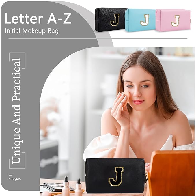 Personalized Initial A-Z Preppy Patch Makeup Bag,Small PU Chenille Letter Cosmetic Bag with Zipper for Teen Girls,Black Cute Toiletry Organizer Bag,Monogram Makeup Case Gift for Women Girls,Letter J