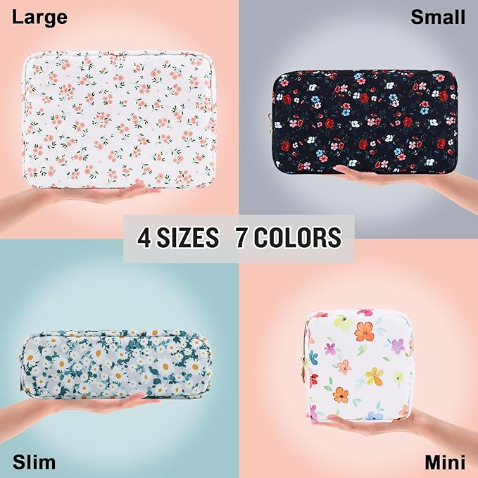 Nylon Small Floral Makeup Bag for Purse, Cute Preppy Travel Makeup Bag Flower Cosmetic Zipper Pouch Purse, Waterproof Toiletry Bag Make Up Organizer Storage Travel Essentials for Women(White-Floral)
