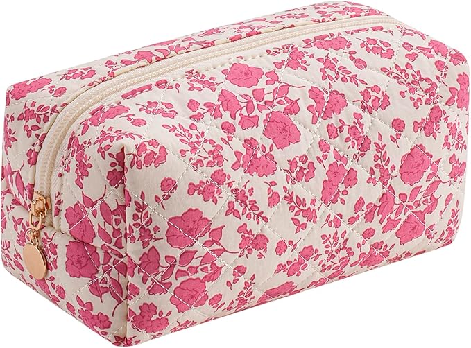 JOVAKIT Square Makeup Bag Cute Cosmetic Bag for Women, Floral Coquette Aesthetic Toiletry Bag, Zipper Make Up Pouch, Travel Make Up Organizer Bag (Bright Red Floral)