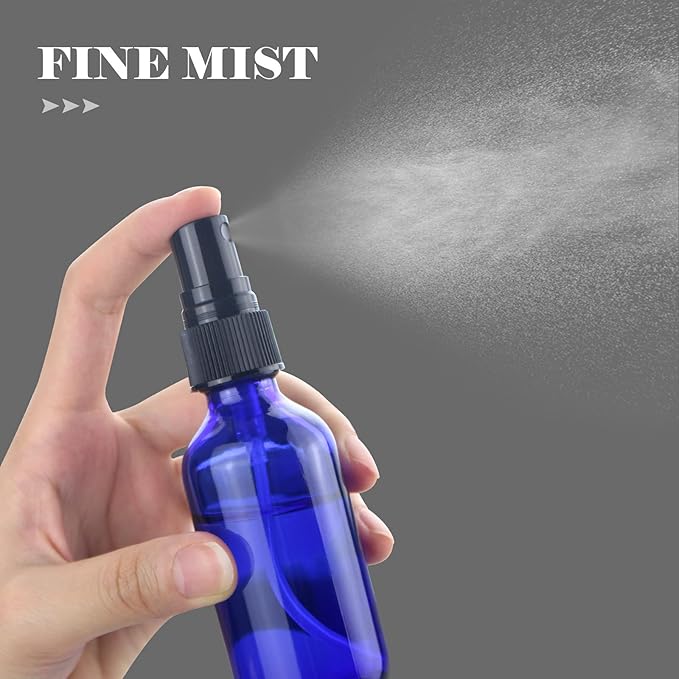 Wedama Mini Glass Spray Bottles 2 oz, Empty with Funnel Dropper, Fine Mist for Hair, Travel, Plants, Cleaning Solutions and Skin Care (4 Pack Blue)