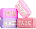 Cunno 4 Pcs Preppy Makeup Bags Chenille Letter Stuff Bag Nylon Cosmetic Pouch Cases with Zipper for Women Travel Toiletry