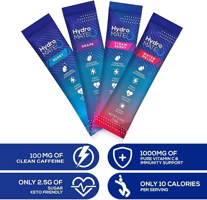 HydroMATE Electrolytes Powder Drink Mix Packets Hydration Accelerator Low Sugar Party Favors for Relief Rapid Recovery Vitamin C Plus Caffeine Variety Pack 90 Count