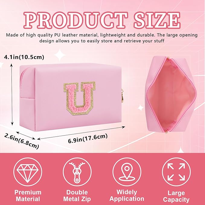 Personalized Initial Letter Patch Makeup Bag, Preppy Small Chenille Letter Cosmetic Bag with Zipper, PU Leather Waterproof Travel Toiletry Bag Monogram Make Up Pouch for Women Girls(Letter U)