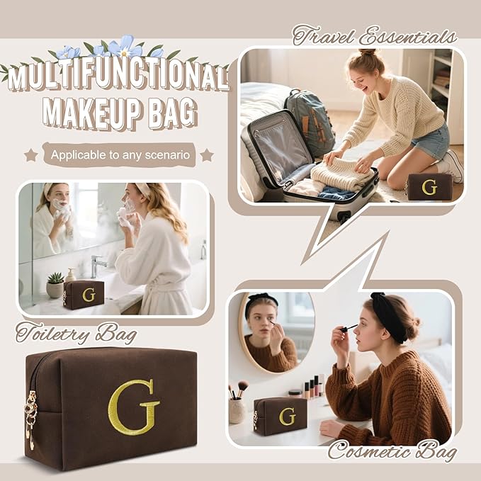 Personalized Initial Makeup Bag,Preppy Suede Cosmetic Bag for Teen Girls,Small Monogram Travel Toiletry Bag With Gold Embroidered Letter,Trendy Stuff Custom Christmas Gift for Women(Coffee-G)