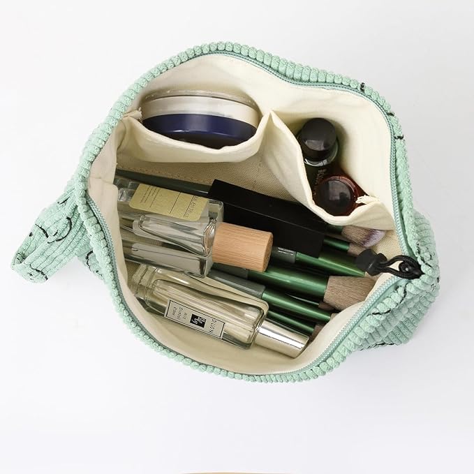 Small Cosmetic Bag set for Women Corduroy Makeup Bag with Interior Pocketes Cute Corduroy Makeup Pouches Women Small Toiletry Bag (Green Smile)