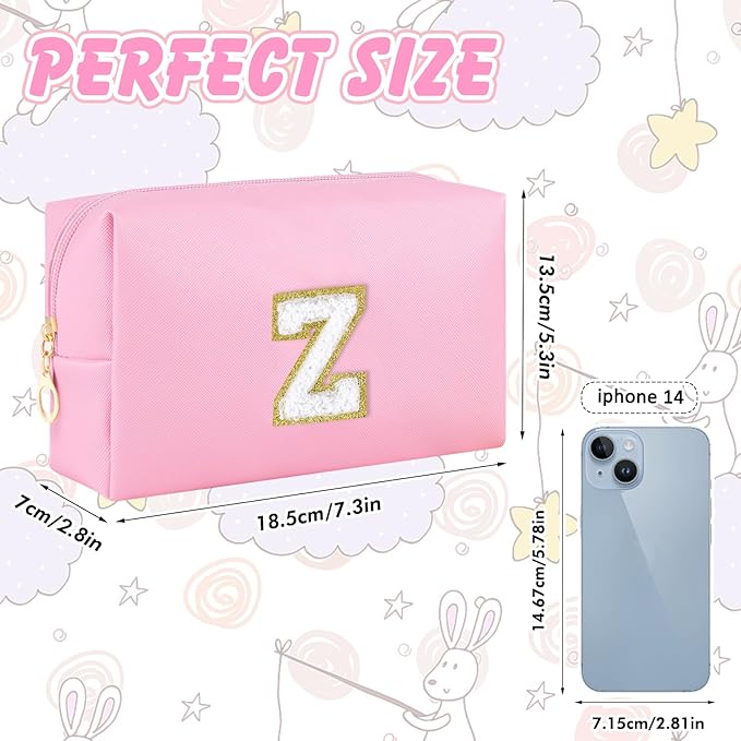 Initial Makeup Bag Personalized Preppy Travel Small Cosmetic Bag Cute PU Pink Chenille Letter Makeup Pouch for Purse Waterproof Zippered Toiletry Organizer for Women Girls Kids Friends (Z)