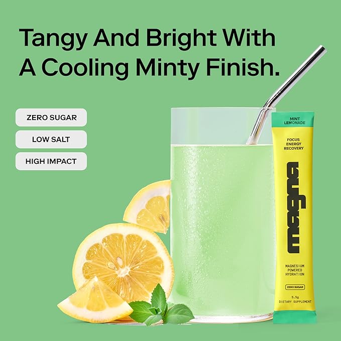 MAGNA Electrolytes Powder Drink Mix for Hydration, Energy & Focus Support with Magnesium L Threonate, Sodium, Potassium, Vitamin D, B6 & B12, Sugar Free, Mint Lemonade Flavor, 14 Servings