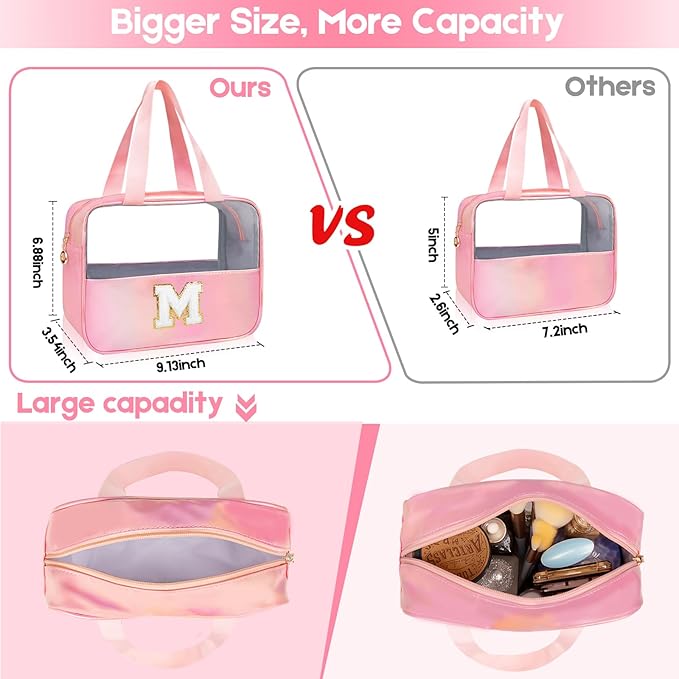Personalized Initial Clear Makeup Bag Pink Cosmetic Bag Set Large Travel Toiletry Bag, Cute Clear Make Up Bags Organizer Bag for Girlfriend Teacher Gifts Teen Girl Gifts Trendy Stuff R (Pink)
