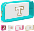 Small Clear Personalized Initial Makeup Bag, Preppy Nylon A-Z Chenille Letter Patch Makeup Organizer TSA Approved Travel Toiletry Bag,Waterproof Zip Beach Cosmetic Pouch Purse for Women(Cyan-White T)