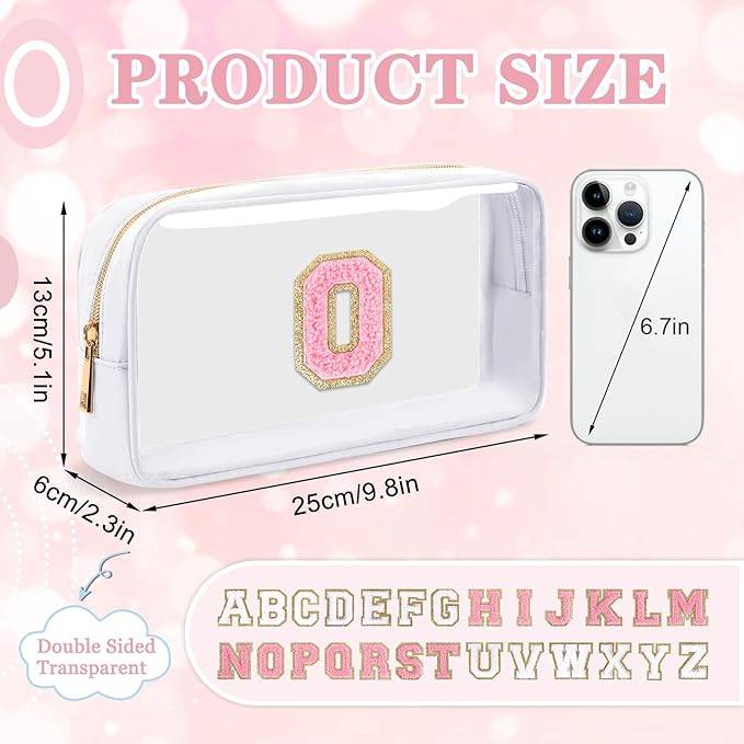 Small Clear Personalized Initial Makeup Bag, Preppy Nylon A-Z Chenille Letter Patch Makeup Organizer TSA Approved Travel Toiletry Bag,Waterproof Zip Beach Cosmetic Pouch Purse for Women(White-Pink O)