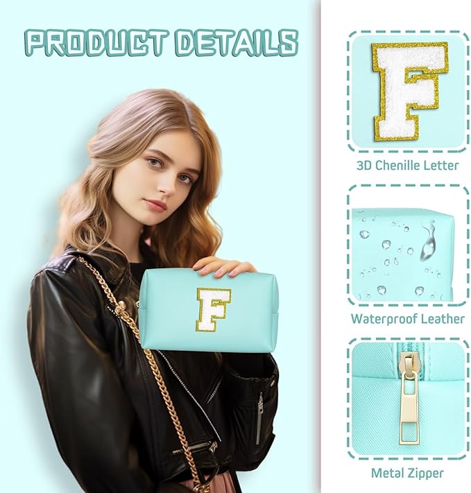TOPEAST Monogrammed Gift for Women Girls, Personalized Initial Makeup Bags Cosmetic Bag with Zipper, Cute Makeup Pouch, PU Leather Waterproof Toiletry Bag, Preppy Gifts Stuff for Girl (Blue E)