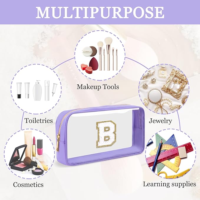 Small Clear Personalized Initial Makeup Bag,Nylon Preppy A-Z Chenille Letter Patch Cosmetic Pouch Beach Toiletry Bag,Waterproof Zip Travel Purse Storage Bag Organizer for Women Girls(Purple-White B)