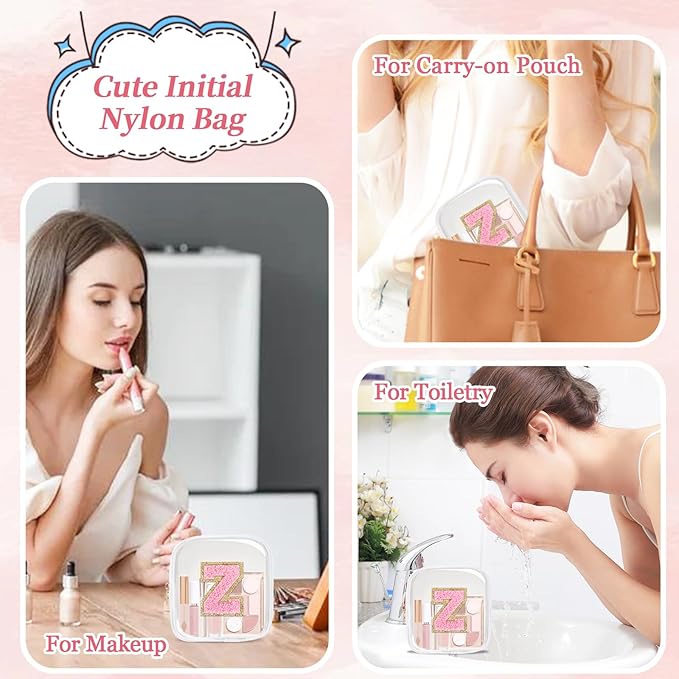 Iqimott Mini Clear Personalized Initial Makeup Bag, Small Preppy A-Z Chenille Letter Patch Cosmetic Pouch, Transparent PVC & Nylon Waterproof Zip Beach Toiletry Bag,Gift for Women Girls(White-Pink Z)
