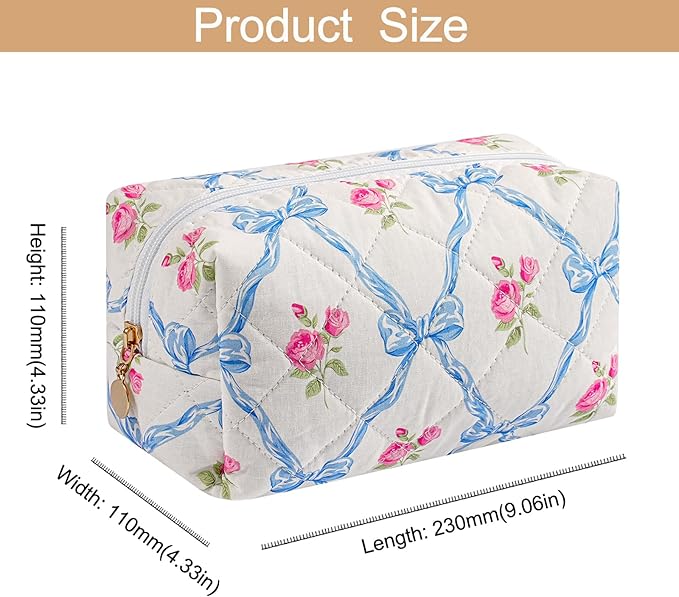 Makeup Bag Travel Cosmetic Bag for Women Girls, Zipper Make Up Pouch, Floral Flowers Toiletry Organizer Makeup, Portable Storage Bag, Cosmetic Travel Cloth Bag (2 Pack (L+S)/Blue Bowknot)