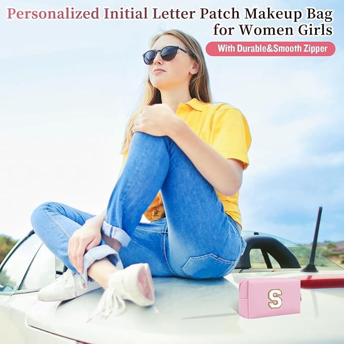 Personalized Initial Letter Patch Makeup Bag, Preppy Portable Chenille Letter Cosmetic Bag with Zipper, PU Leather Waterproof Travel Toiletry Bag Monogram Make Up Pouch for Women Girls