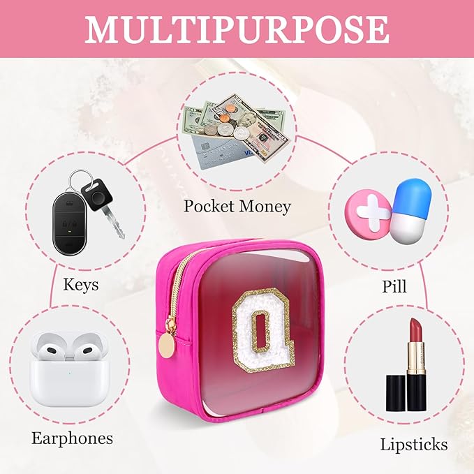 Mini Clear Personalized Initial Makeup Bag,Small Nylon Waterproof Zip Beach Cosmetic Pouch,Preppy A-Z Chenille Letter Patch Cute Coin Purse Travel Toiletry Bag Car Pack Bag for Women(Hot Pink-White Q)