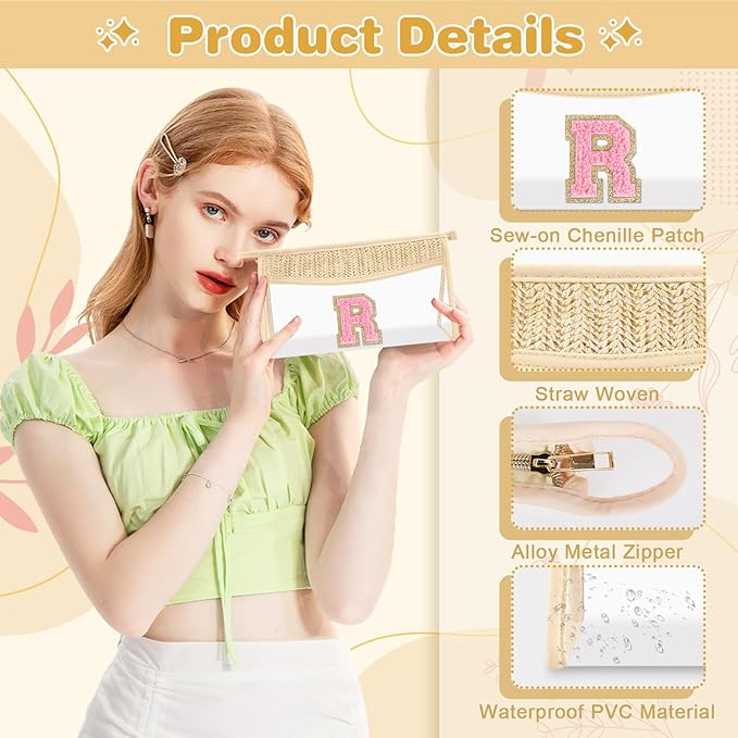 Small Boho Straw Initial Letter Makeup Bag Personalized Gift ,Cute Clear Chenille Patch Makeup Bag With Zipper,Trendy TSA Approved Travel Toiletry Bag,Gift for Women Girls Birthday Friend, Letter R