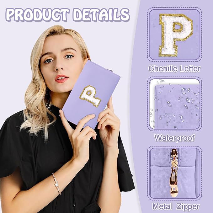 Personalized Initial Preppy Makeup Bag Organizer, Small Purple Cosmetic Bag Travel Toiletry Zipper Pouch for Purse, Portable Waterproof PU Monogram Make Up Case Party Gifts for Women Friends(Letter P)
