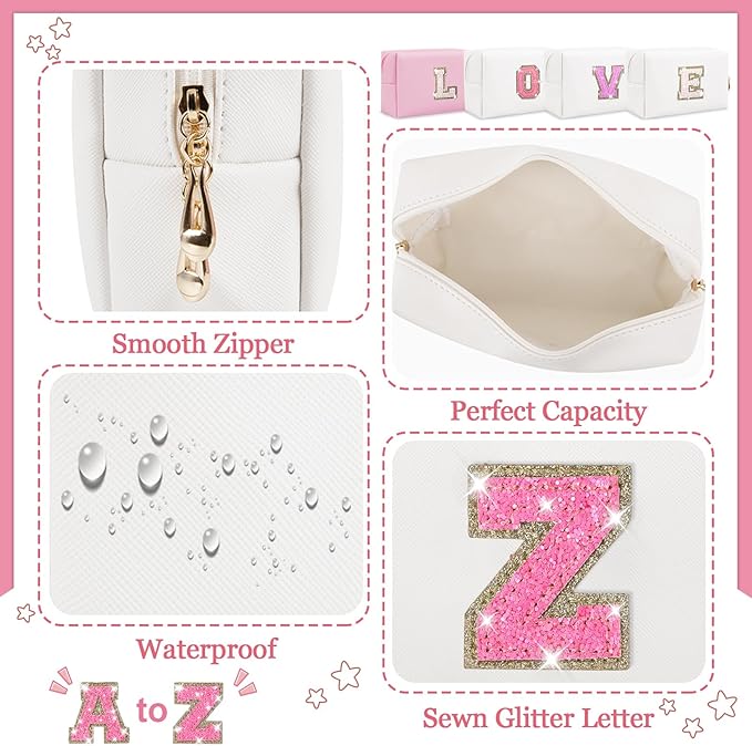 Initial Letter Patch Makeup Bag, Preppy Glitter Pouch Cosmetic Bag, Small PU Travel Toiletry Bag Zipper, Personalized Monogrammed Gift for Friends, Sisters & Teens (Letter Z)